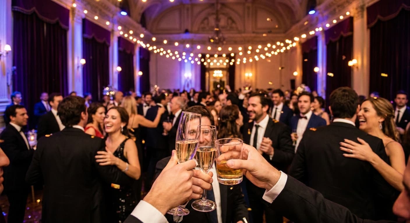 Un salón de eventos lleno durante un brindis de noche
