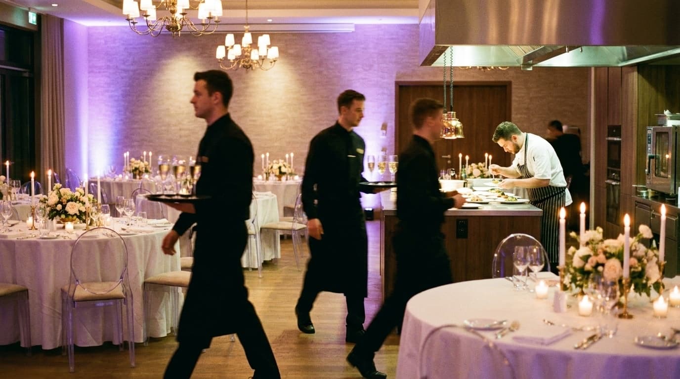 El equipo de servicio de un salón en plena operación durante un evento